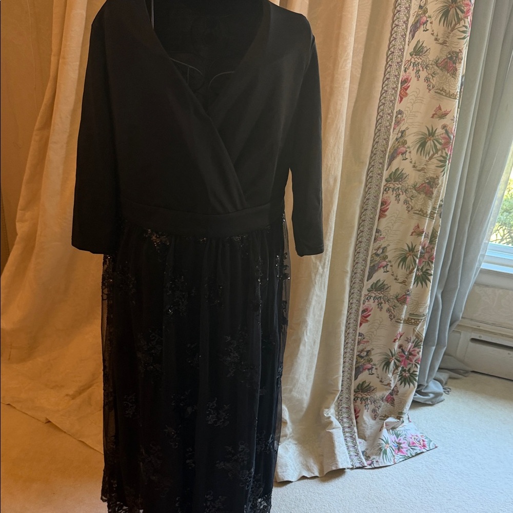 Dress Barn Black Long Sleeve Midi Dress with Lace Overlay